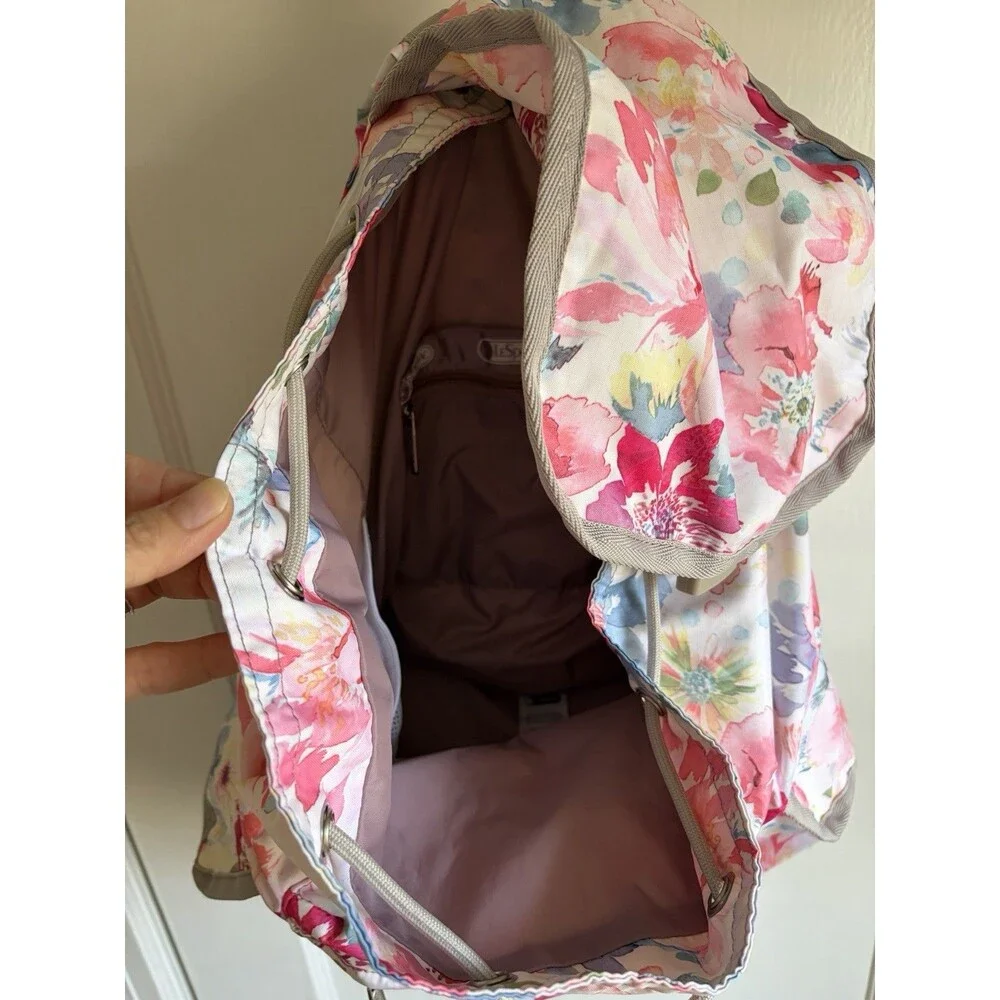 LeSportsac EUC Voyager Backpack Floral Watercolor Pink Drawstring Travel Bag